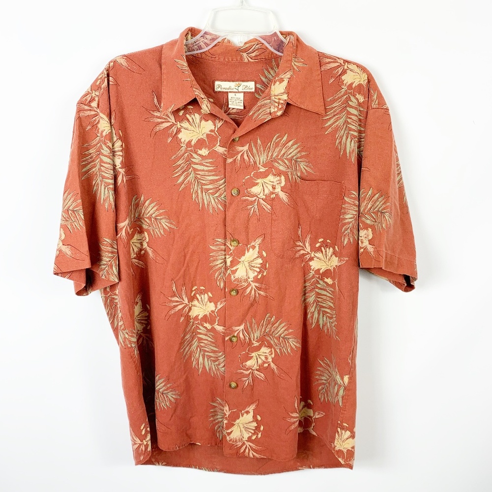Paradise Blue Silk Orange Button Shirt Hawaiian